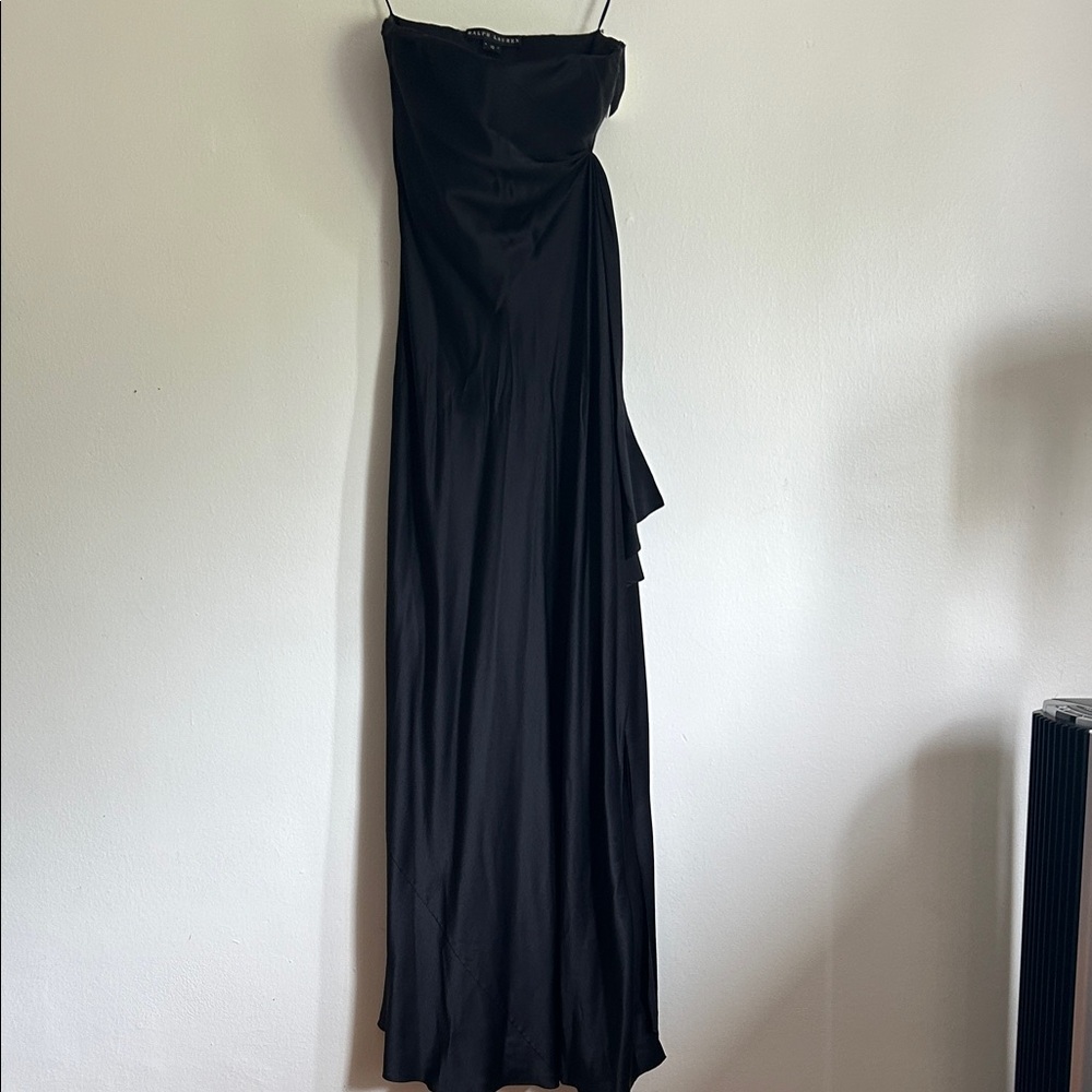 NWT VTG Ralph Lauren Black Label 100% Silk Satin Strapless Black Gown Dress 10
